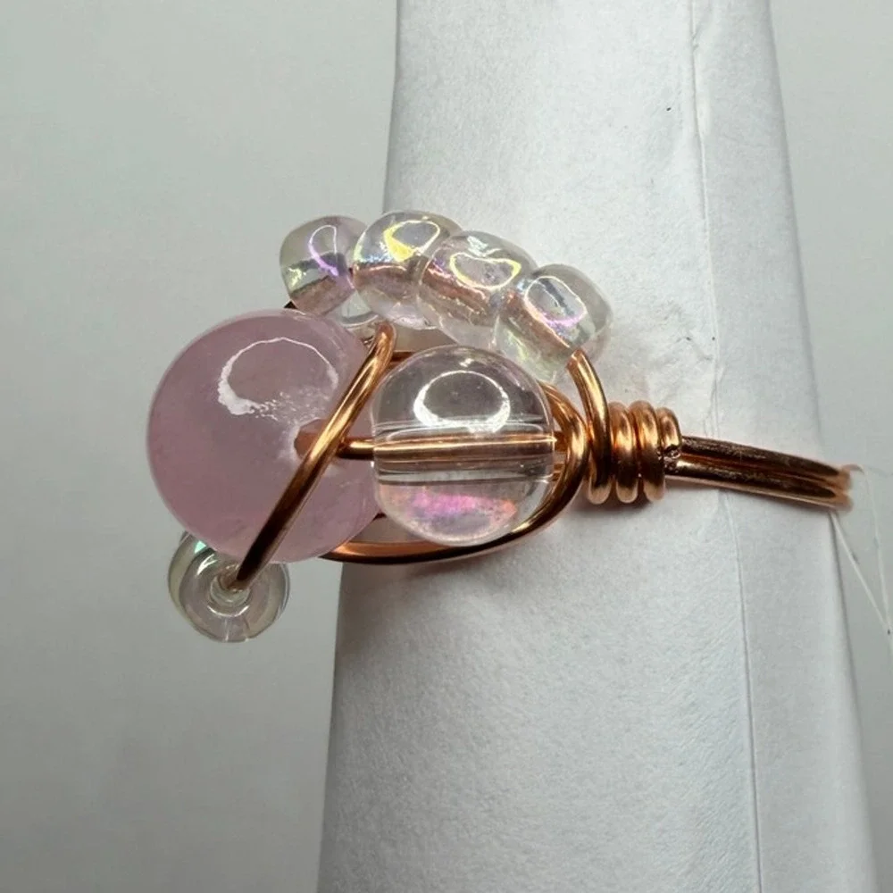 Pink Selenite ring copper handmade colored gemstone size 8